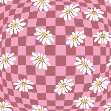 Retro Smile Chamomile Seamless Pattern on 1970 Wavy Swirl Seamless Pattern. H Illustrazione stock