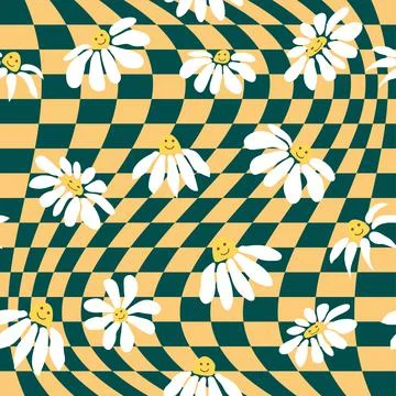 Retro Smile Chamomile Seamless Pattern on 1970 Wavy Swirl Seamless Pattern. H Stock Illustration