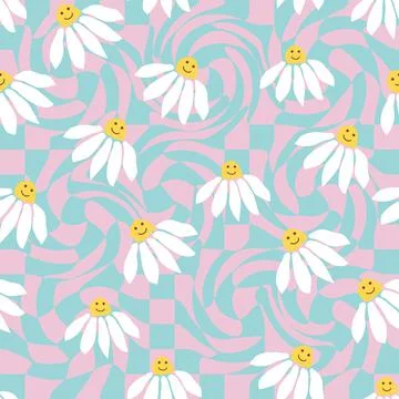 Retro Smile Chamomile Seamless Pattern on 1970 Wavy Swirl Seamless Pattern. H Stock Illustration