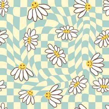 Retro Smile Chamomile Seamless Pattern on 1970 Wavy Swirl Seamless Pattern. H Stock Illustration