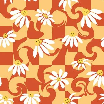 Retro Smile Chamomile Seamless Pattern on 1970 Wavy Swirl Seamless Pattern. H Stock Illustration