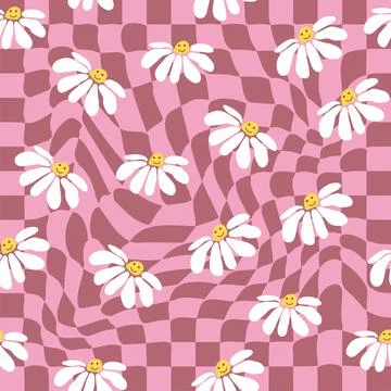 Retro Smile Chamomile Seamless Pattern on 1970 Wavy Swirl Seamless Pattern. H Stock Illustration