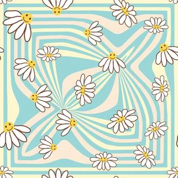 Retro Smile Chamomile Seamless Pattern on 1970 Wavy Swirl Seamless Pattern. H Stock Illustration
