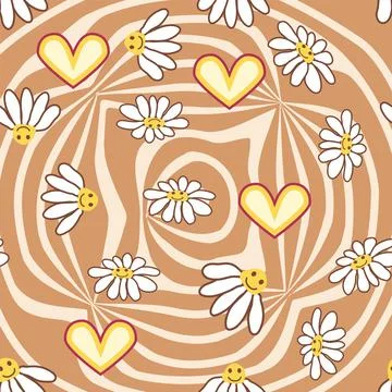 Retro Smile Chamomile Seamless Pattern on 1970 Wavy Swirl Seamless Pattern. H Stock Illustration