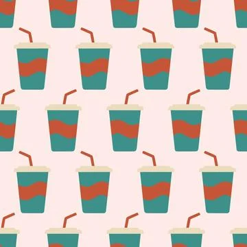 Retro Soda Cup Seamless Pattern, Soft Drink Vector Repeating Background, Vi.. Illustration