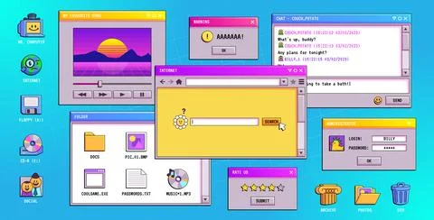 Retro software windows on computer desktop Illustrazione stock