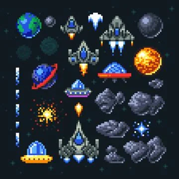Retro space arcade game pixel elements. Invaders, spaceships, planets and ufo Stock Illustration