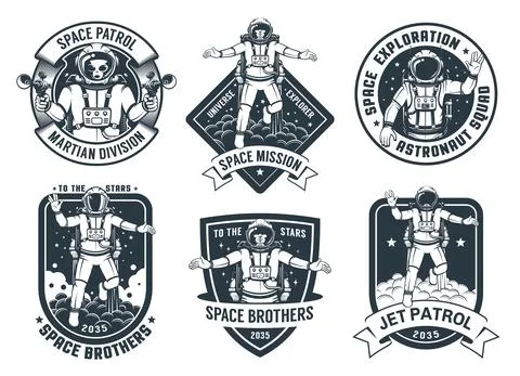 Retro space badges set with flying astronaut イラスト素材