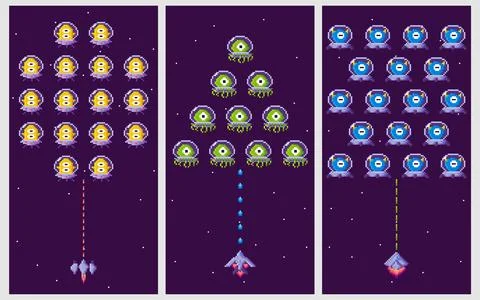 Retro Space Invaders Game Scene Aliens and Spaceships in Combat Formation Stock Illustration