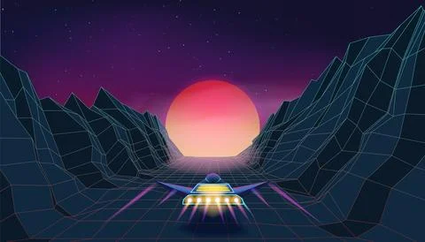 Retro space ship, arcade game background. Neon waves and spaceship for synthwave Stock Illustration