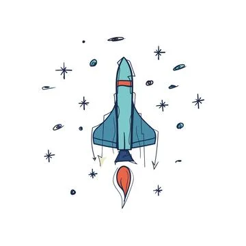 Retro Space Shuttle Launch Doodle Color Illustration Ilustración de archivo