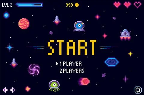 Retro Space-Themed Start Screen for a Pixel Arcade Game with Various Space .. Illustrazione stock