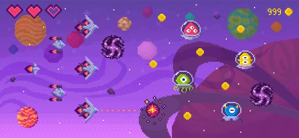 Retro Space-Themed Vector Game Scene with Spaceships, Planets, and Aliens Stock Illustration