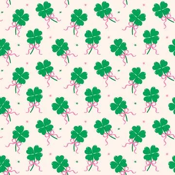 Retro St Patricks Seamless Pattern Day 4 Leaf Clover with Bow Girly wallpap.. Illustrazione stock