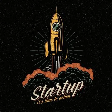 Retro Startup Rocket Launch Illustration with Action Concept Ilustración de archivo