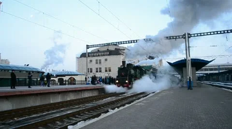 Retro steam engine, blue wagon line, Central Railway Station, Kiev, UKRAINE. Видео 21763042