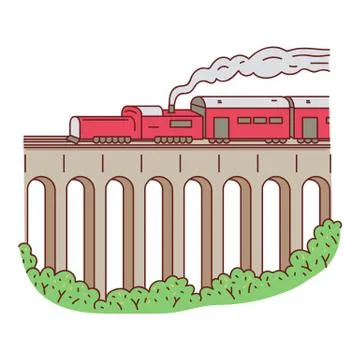 Retro steam red train on bridge sketch cartoon vector illustration isolated. Illustrazione stock