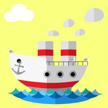 Retro steam ship flat vector poster. Stock Illustration