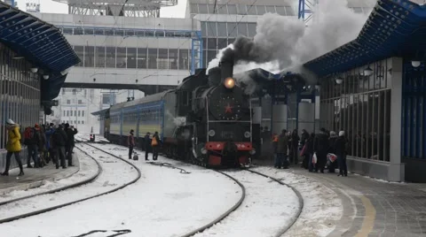 Retro steam train at the station Stock Footage 58910722