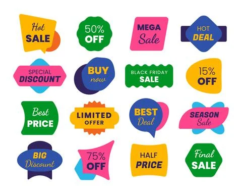 Retro stickers. Design pack of retro looking sale and discount banners, price Illustrazione stock