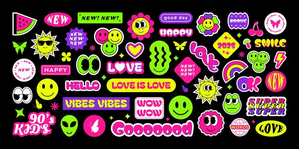Retro stickers. Y2K design elements. Abstract fun graphic pack or cool logo Stock Illustration