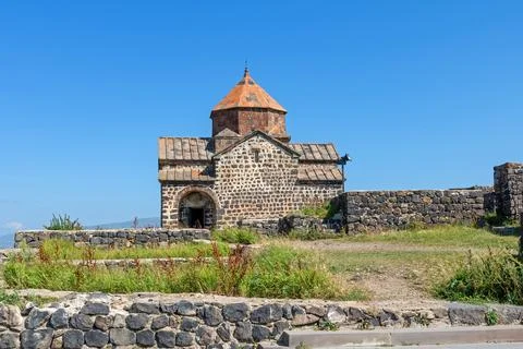 Retro stone house of the shore of Sevan lake in Armenia Stock Photos