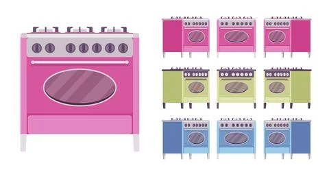 Retro stove bright set, kitchen appliance with vintage design Stock Illustration