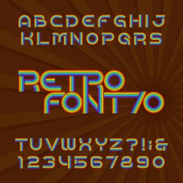 Retro stripe alphabet vector font. Funky type letters and numbers in 70's style. Stock Illustration