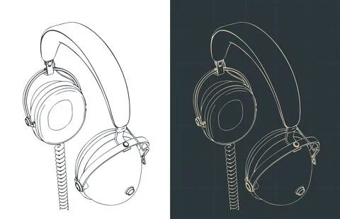 Retro studio headphones stylized technical drawing 스톡 일러스트