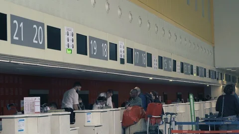 Retro style airport check-in counters Stock Footage 112711443