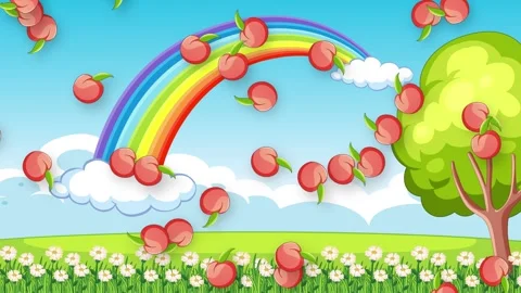 Retro Style Animation with Falling Fruit Over Rainbow and Sunny Landscape Stock Footage 339043129