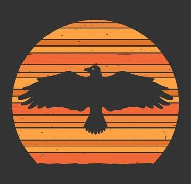 Retro style background with sunset and flying crow. Vintage grunge texture Stock Illustration