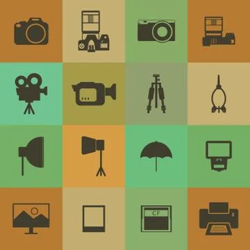 Retro style camera and accessory icons vector set. Stock Illustration