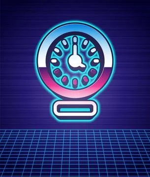 Retro style Clock icon isolated futuristic landscape background. Time symbol 스톡 일러스트