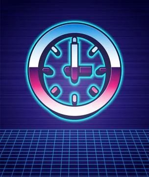 Retro style Clock icon isolated futuristic landscape background. Time symbo.. 스톡 일러스트