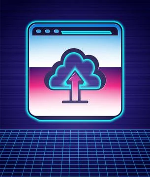 Retro style Cloud upload icon isolated futuristic landscape background. 80s Stock Illustration