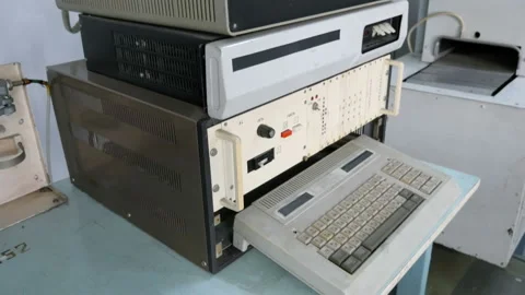 Retro style computer keyboard with CRT monitor. Panning Stock Footage 98856022