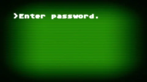 Retro-style computer prompt animation decoding ENTER PASSWORD text on green CRT Stock Footage 295192530