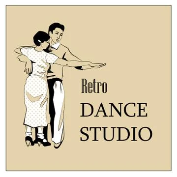 Retro style dancing couple in 50th dresses vector graphic black and white with Illustrazione stock