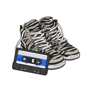 Retro style disco attributes - zebra sneakers and audio tape Stock Illustration