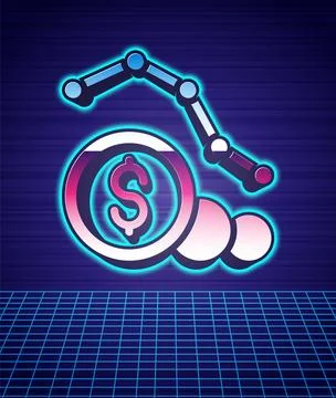 Retro style Dollar rate decrease icon isolated futuristic landscape background Stock Illustration