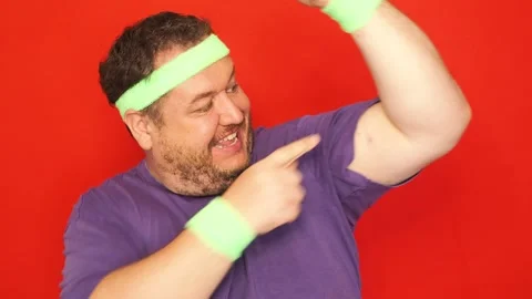 Retro style. Funny fat man doing fitness. Stock Footage 311652336