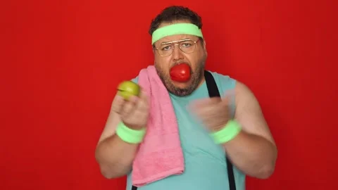Retro style. Funny fat man doing fitness. Stock Footage 311691949