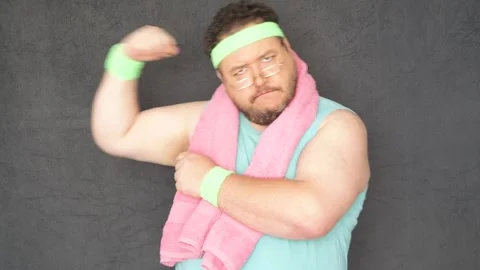 Retro style. Funny fat man doing fitness. Stock Footage 311700149