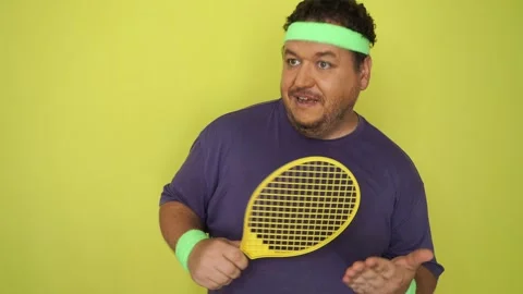 Retro style. Funny fat man doing fitness. Stock Footage 311706239