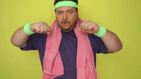 Retro style. Funny fat man doing fitness. Stock Footage 311706372