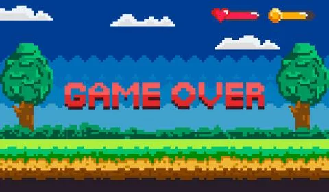 Retro-Style Game Over Screen with Pixelated Landscape and Trees Stock Illustration
