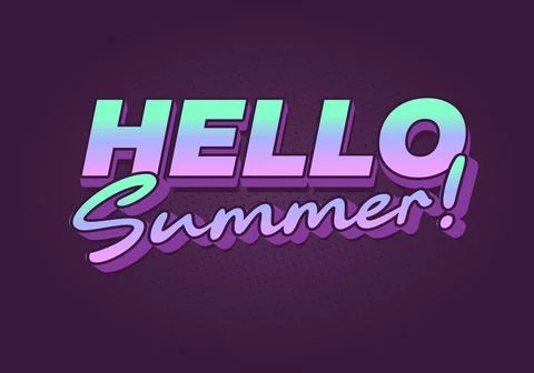 Retro style hello summer! text in gradient neon purple and teal on dark dot.. Illustrazione stock