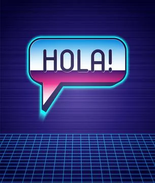 Retro style Hola in different languages icon isolated futuristic landscape Stock Illustration