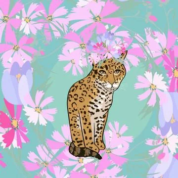 Retro style Illustration with flowers and animal Stock Illustration